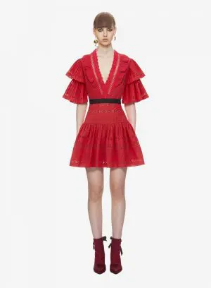 Tasarım Kısa Kırmızı Dantel Elbise (S Beden)
