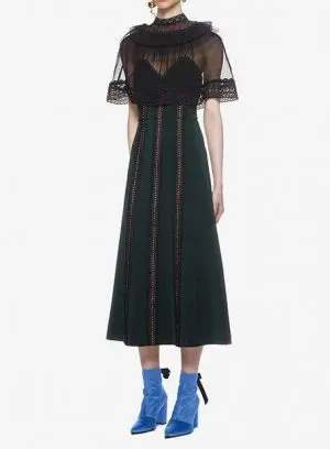 Uzun Tasarım Dantel Elbise (Koyu Yeşil-L Beden)